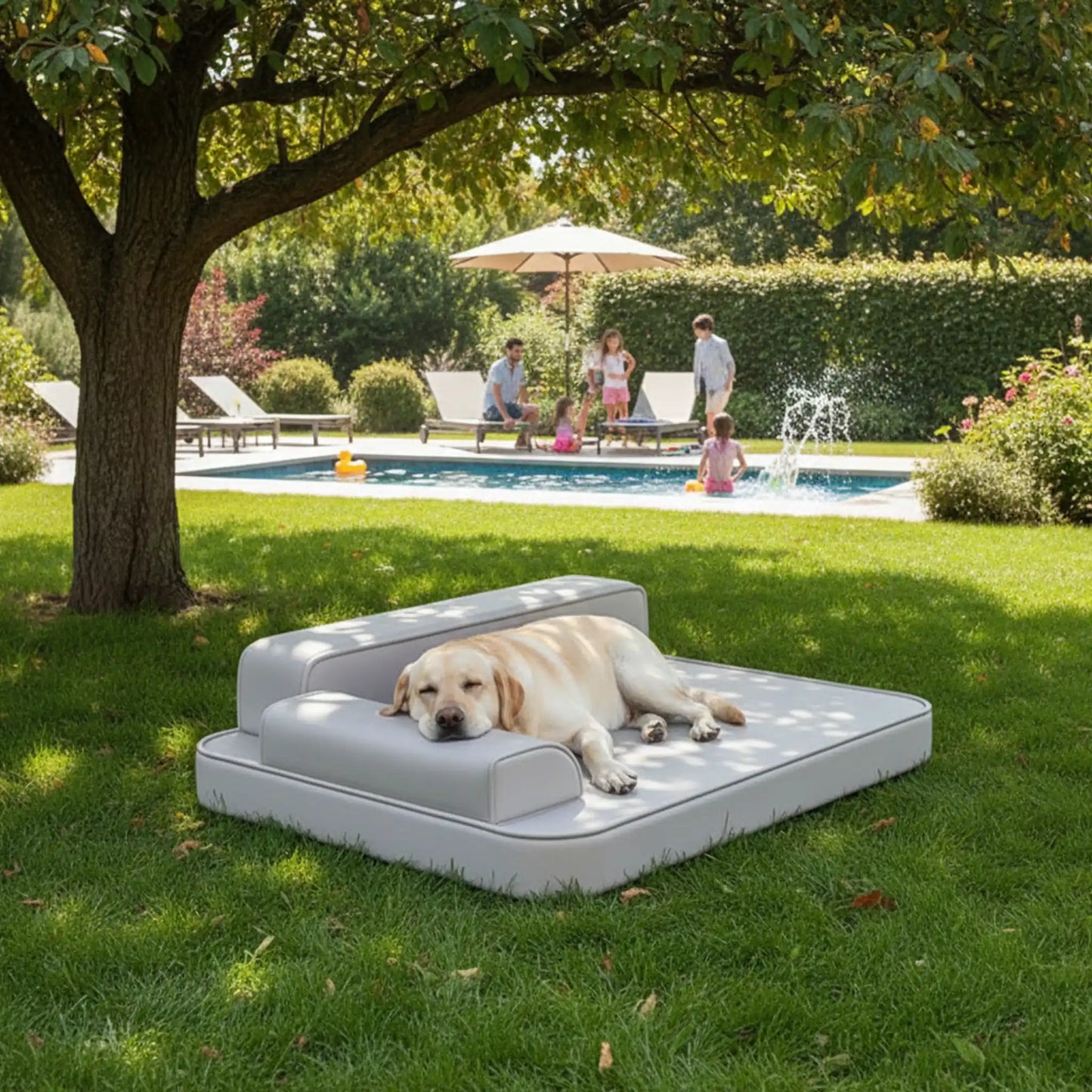 Chien dormant confortablement sur un couchage rafraîchissant à l’ombre dans un jardin en été