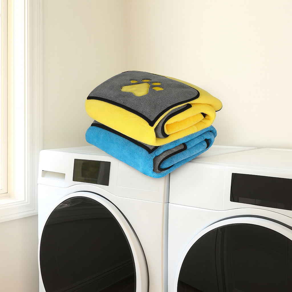 cadeau pour chien serviette jaune bleu