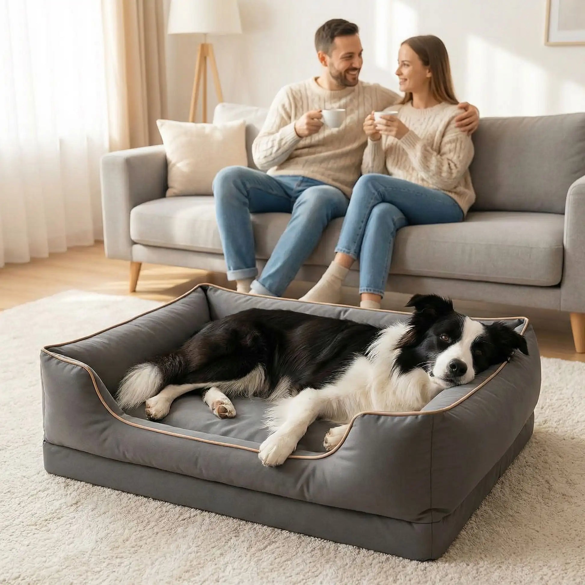 Canapé pour chien orthopédique border coley dans un salon