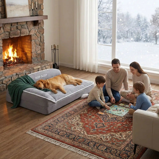 Chien dormant sur couchage chaud et isolant dans un salon en hiver près du foyer