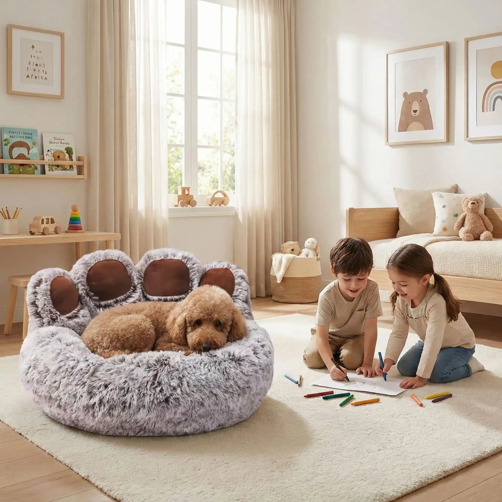Chien blotti dans un coussin enveloppant et cocooning pour chien