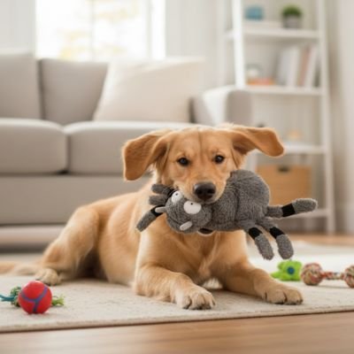 Jouet pour chien peluche chiot araignée dans la gueule