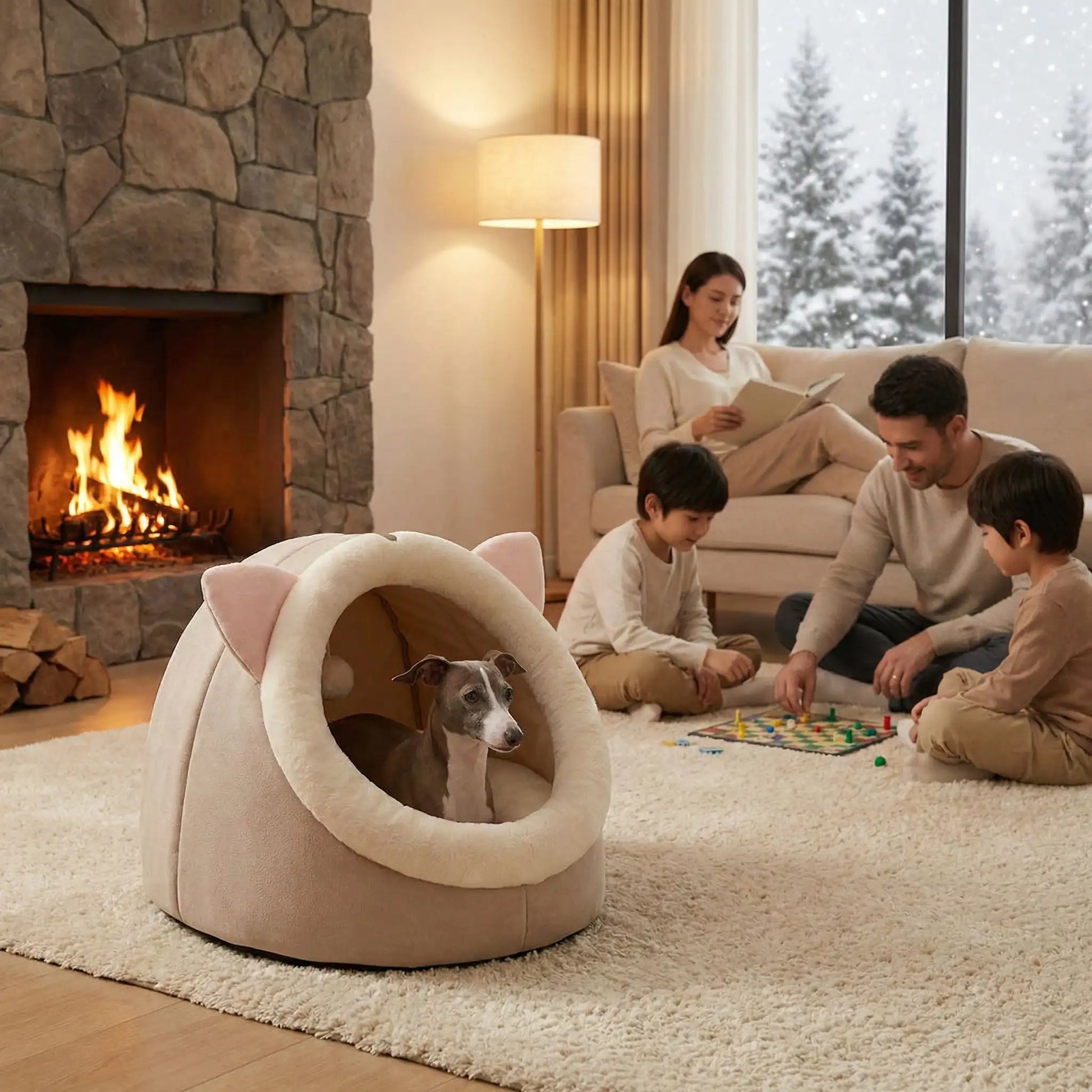 Chien reposant dans une niche pour chien isolante et cocooning en hiver