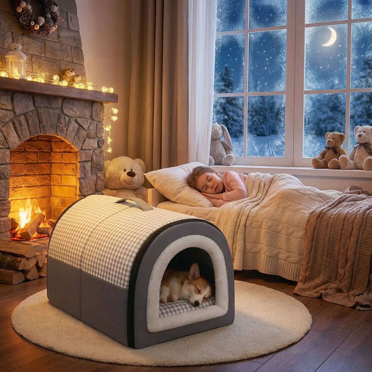 Chien reposant dans une niche pour chien isolante et cocooning en hiver