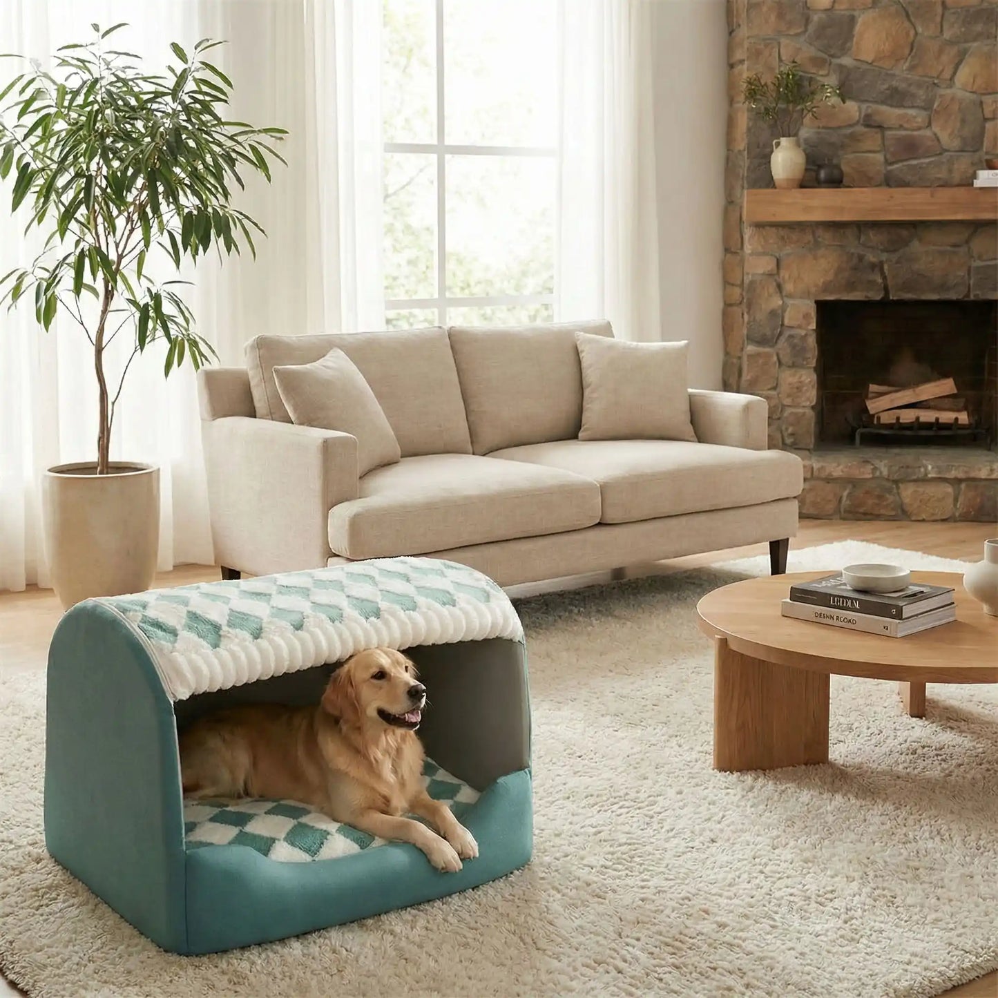 Niche refuge de repos pour chien confortable et isolante dans salon