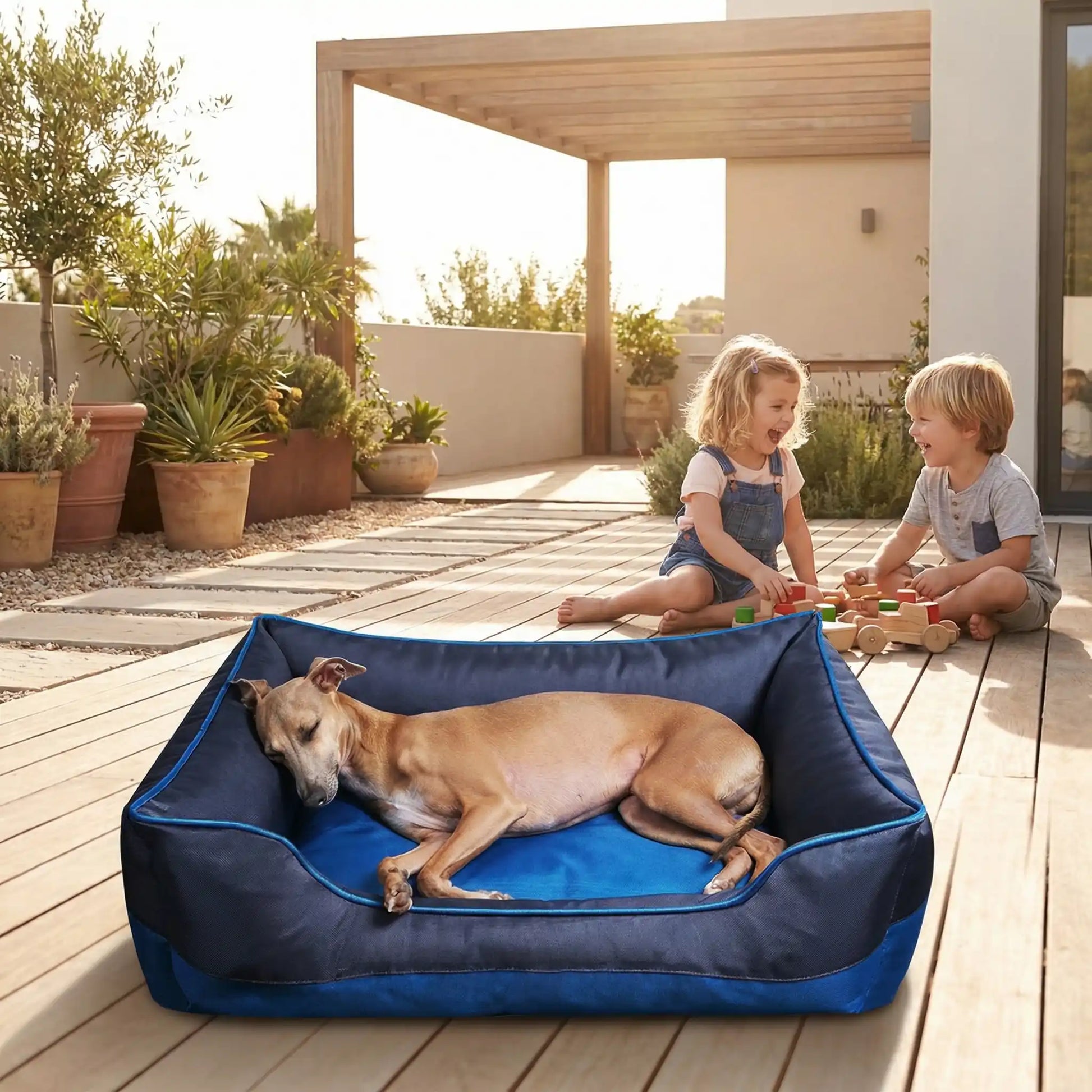 Chien couché dans un panier pour chien Azure bleu confortable