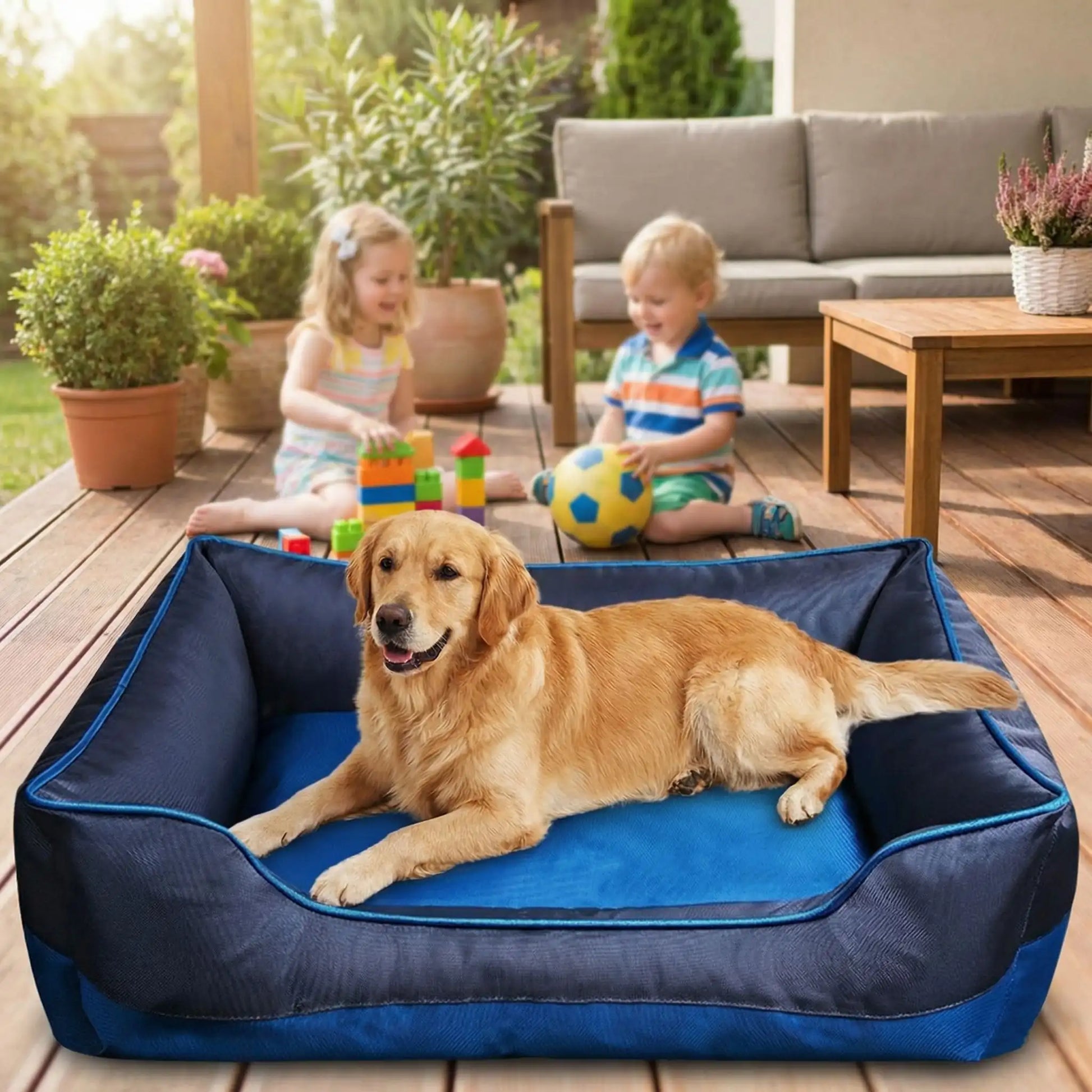 Chien couché dans un panier pour chien Azure bleu confortable sur la terrasse