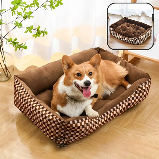 Chien corgi dans panier marron vignette coussin motif damier