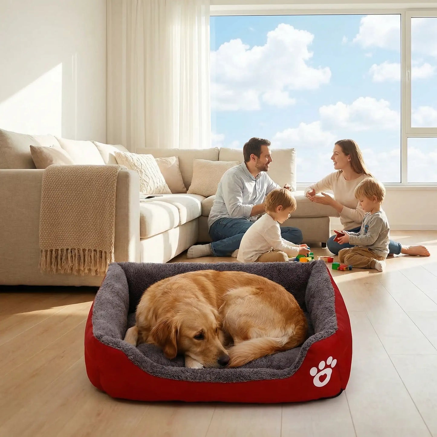 Chien dormant dans un panier pour chien UltraMoelleux rouge dans un salon familial lumineux