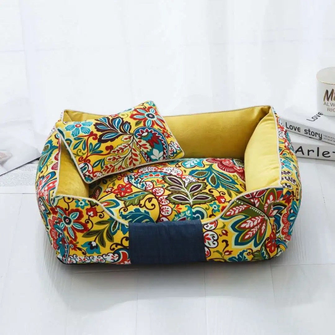 Panier pour chien Doggyluxe jaune à motif floral avec coussin moelleux – Bonheur de Chien