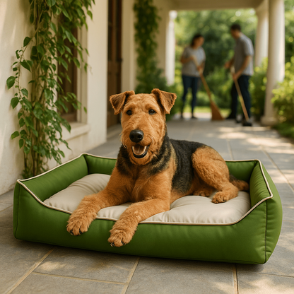Chien repose dans panier imperméable sur terrasse