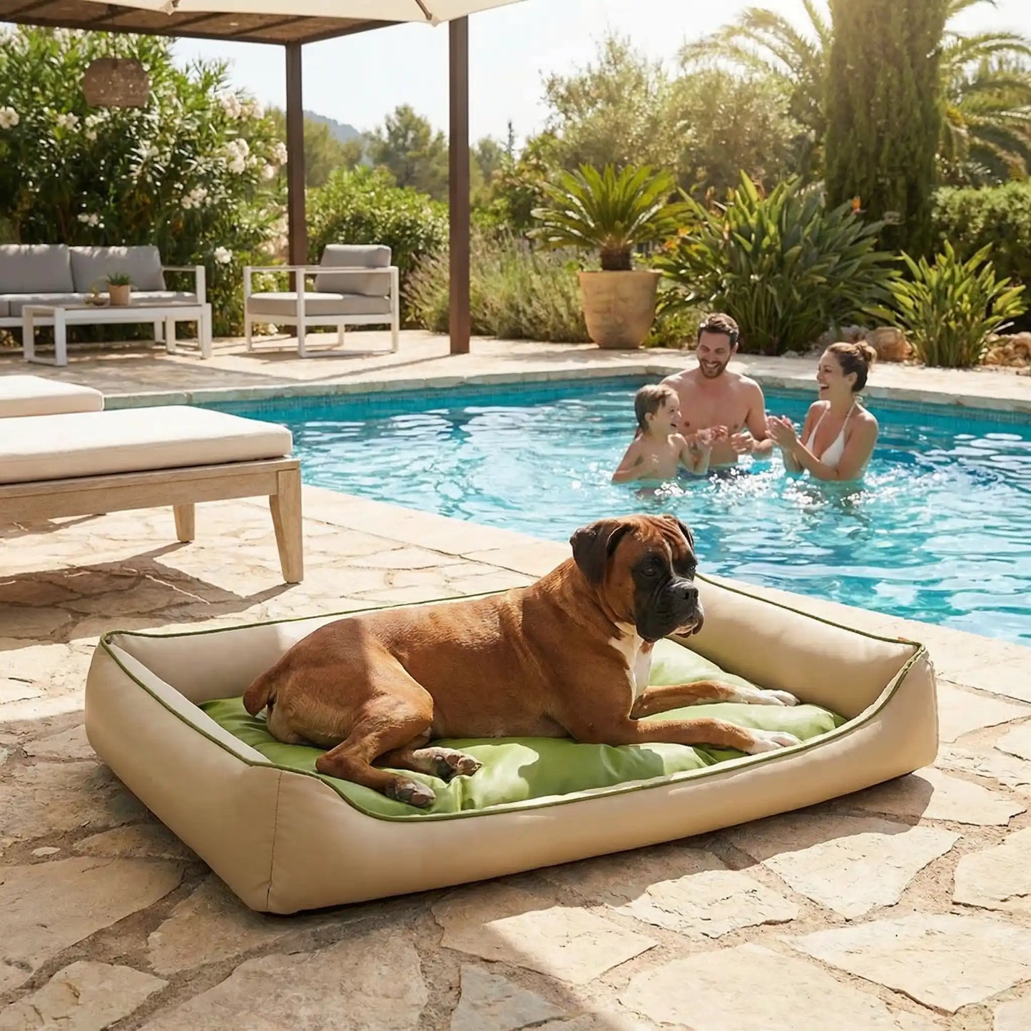Chien repose dans panier imperméable sur bord de piscine