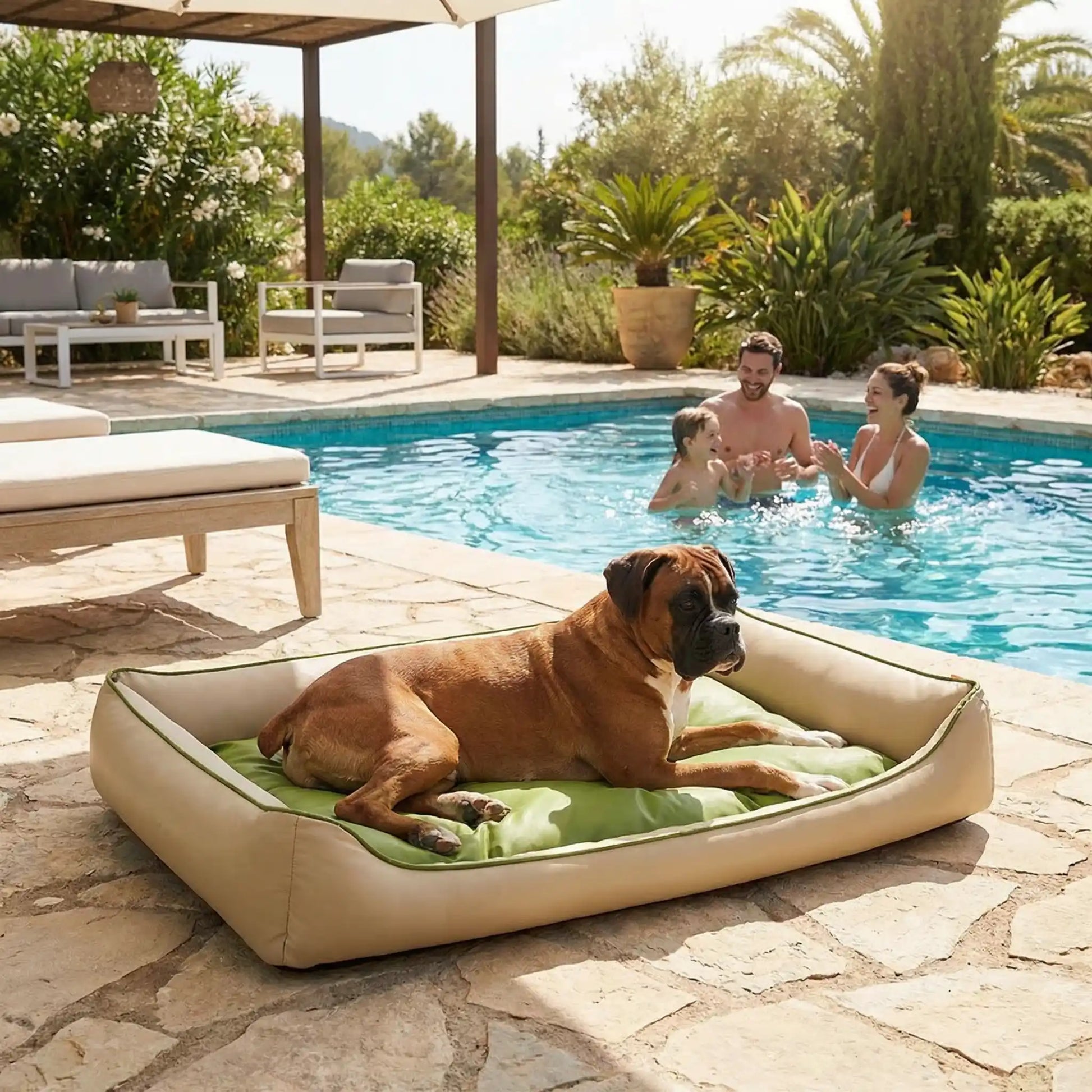 Chien repose dans panier imperméable sur bord de piscine