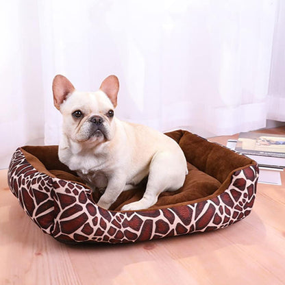 Bouledogue français dans panier motif girafe