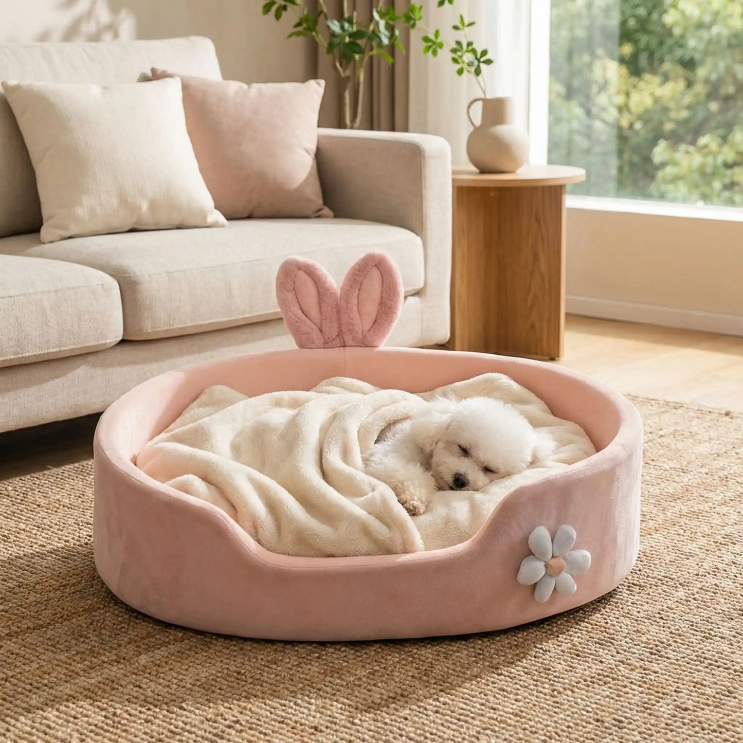 Panier pour chien Roseline dans le salon avec hiot