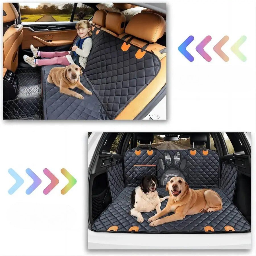 Petite fille avec son chien ans la voiture sur banquette arrière