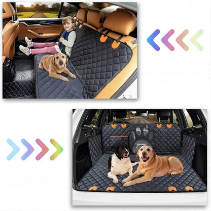 Petite fille avec son chien ans la voiture sur banquette arrière